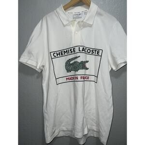 Lacoste Polo Mens XL France Chemise Big Logo White Graphic Crocodile Preppy Golf